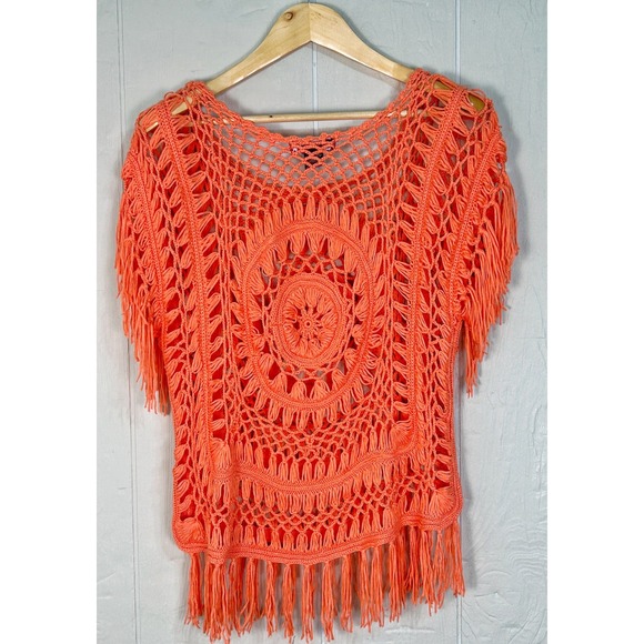 Y2K Women's Crochet Boho Shawl So What Sz-L Orange Flowy Fairy Hippie Coquette - Picture 3 of 7